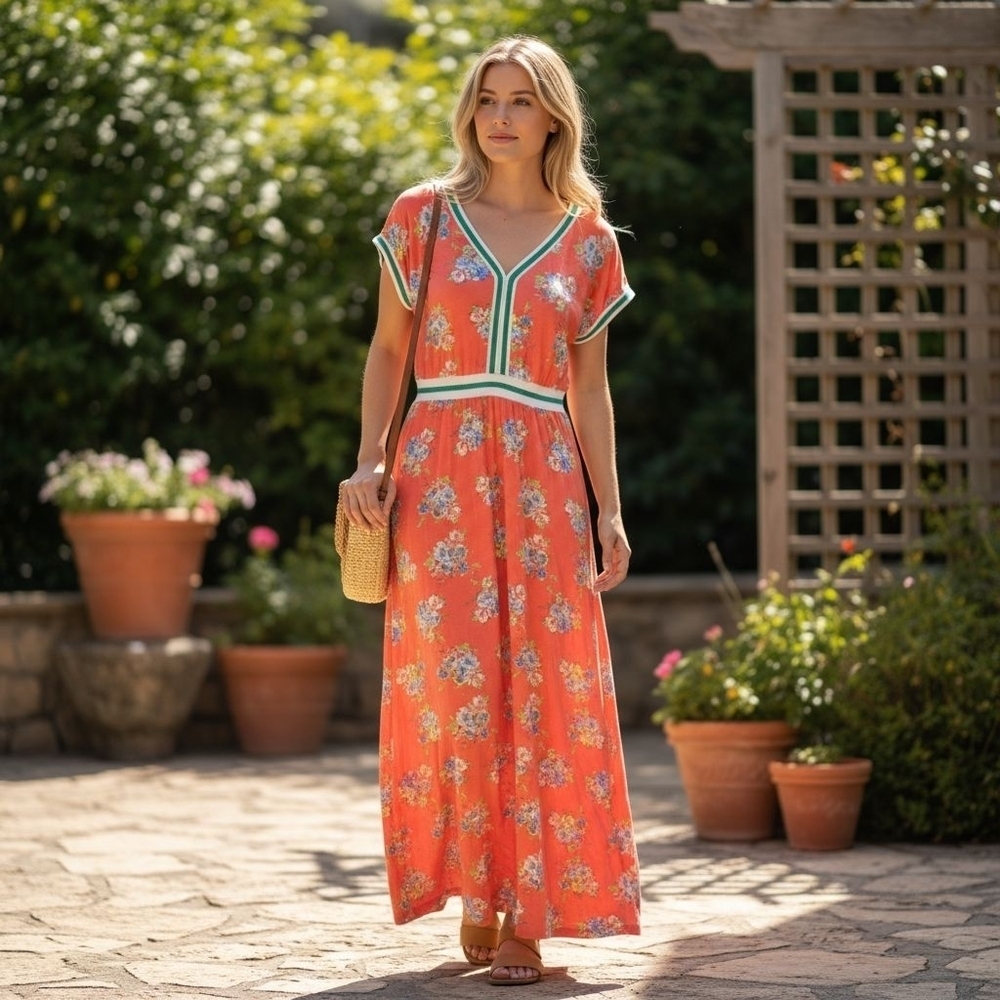 Matilda Jane Knit Floral Coral Maxi Dress Spring Summer Multicolor Size Small
